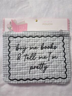 Embroidered Gingham Pouch - 'buy me books & tell me I'm pretty' - Green